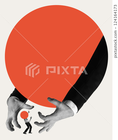 Corporate dominance. Small businessman overshadowed by massive corporate forces, symbolizing market monopoly, power, financial pressure 124164173