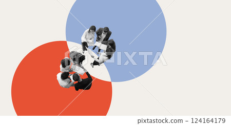 Business synergy. Two teams engaging in collaborative planning, exchanging insights, structuring strategies for optimized decision-making 124164179