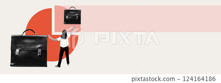 Financial growth. Woman reaching for briefcase, symbolizing career development, upward mobility, financial strategy, business expansion. 124164186