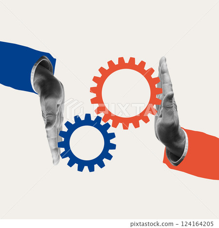 Two hands connecting gears, representing strategic alignment and integration, target companies, all set against a neutral backdrop. Two hands connecting gears, representing strategic alignment and integration, target companies, all set against a neutral backdrop. 124164205