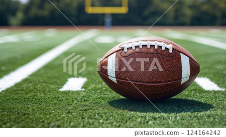 Football resting on lush green playing field ready for the big game 124164242