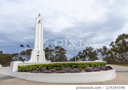 Albury war memorial is a monument in the form of a tapered lighthouse painted stark white and surmounted by a torch. Tourist attraction in Albury. 124164346