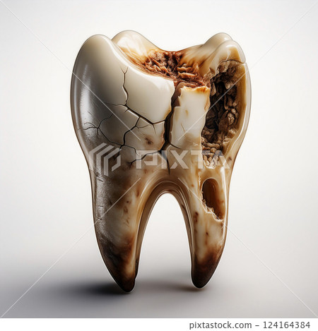 Cracked tooth with cavities in a creepy horror style on a white background 124164384