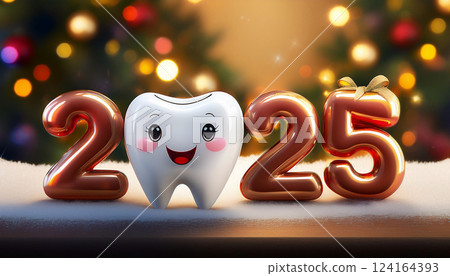 Kawaii style joyful tooth with 2025 and festive Christmas background with bokeh lights 124164393
