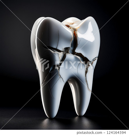 Cracked white tooth on a dark, melancholic background with detailed fracture 124164394