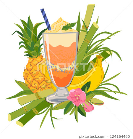 Vector composition with refreshing cocktail, pineapple, banana and tropical flowers. Illustration for beach bar menu. Cruise vacation, summer holidays, party, cafe, vacation. 124164460