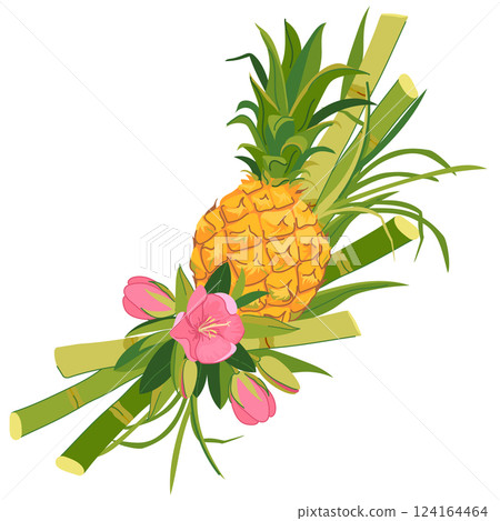 Vector sticker with pineapple, sugar cane and flowers. Tropical vacation emblem. Illustration for beach bar menu. Cruise vacation, summer holidays, party, cafe. 124164464