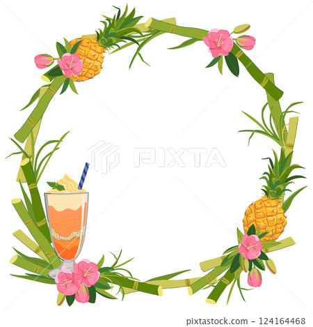 Vector round frame with refreshing cocktail, pineapple and tropical flowers. Wreath of sugar cane, pink hibiscus, ice cream and fruits for beach bar menu. Cruise vacation, summer holidays. Vector round frame with refreshing cocktail, pineapple and tropical flowers. Wreath of sugar cane, pink hibiscus, ice cream and fruits for beach bar menu. Cruise vacation, summer holidays. 124164468