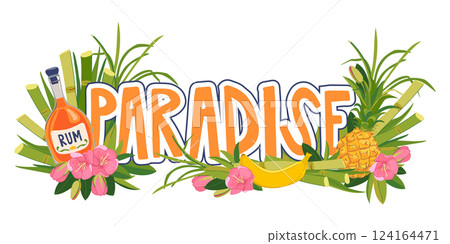 Vector sticker. Cruise vacation on a tropical island. Composition with a bottle of rum, pineapple, banana and flowers. Emblem for a paradise vacation. Illustration for a beach bar menu. Summer party. Vector sticker. Cruise vacation on a tropical island. Composition with a bottle of rum, pineapple, banana and flowers. Emblem for a paradise vacation. Illustration for a beach bar menu. Summer party. 124164471