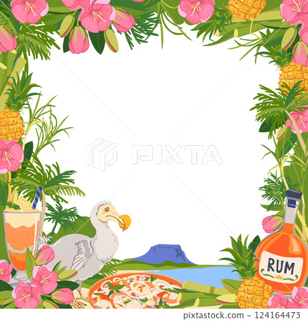 Vector square frame. Panoramic view of Mauritius island beach and Le Morne Brabant mountain. Dodo bird, trochetia boutoniana flowers, pineapple, rum, cocktail in flat style. Tropical paradise 124164473