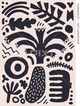 Vector etching imprint style wall art with textured simple shapes and flowers. Vector etching imprint style wall art with textured simple shapes and flowers. 124164643