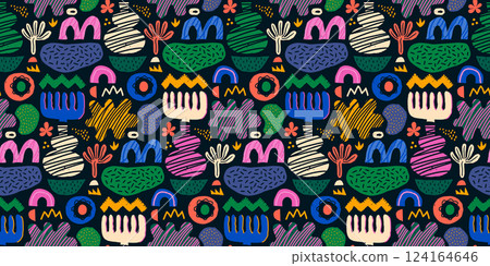 Abstract organic shape seamless pattern with naive geometric doodles in green and violet shades Abstract organic shape seamless pattern with naive geometric doodles in green and violet shades 124164646