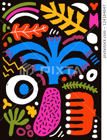 Abstract organic shape poster with naive geometric doodles. 124164647