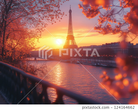 Stunning autumn sunset view of Eiffel Tower through colorful foliage in Paris 124164662