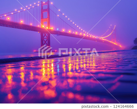 Stunning twilight view of illuminated bridge over water 124164666