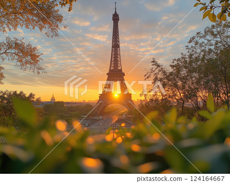 Stunning autumn sunset view of Eiffel Tower through colorful foliage in Paris 124164667