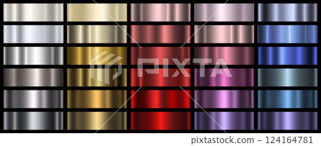 A set of colored metallic gradients on a black background. Metallic texture, shiny background. A set of colored metallic gradients on a black background. Metallic texture, shiny background. 124164781
