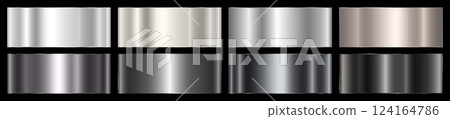 A set of eight silver and black metallic gradients on a black background. Metallic texture, shiny background. A set of eight silver and black metallic gradients on a black background. Metallic texture, shiny background. 124164786