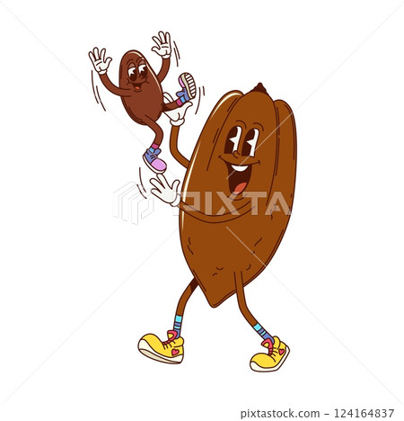 Cartoon groovy cocoa bean funny characters. Cocoa tree seed or pod 60s 70s groovy isolated vector character. Cocoa ingredient bean character food funny personage playing with kid Cartoon groovy cocoa bean funny characters. Cocoa tree seed or pod 60s 70s groovy isolated vector character. Cocoa ingredient bean character food funny personage playing with kid 124164837