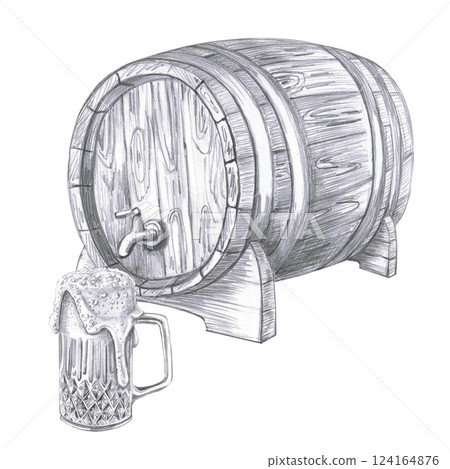 Composition of oak barrel and mug with foamy beer. Isolated pencil illustration in realistic style for restaurant menu design, beer festival, packaging, bar interior. 124164876