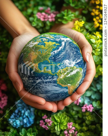 Global harmony illustrated with hands holding a vibrant earth 124164927