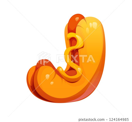 Fast food hotdog meal ABC font typeface letter J. Takeaway ABC font typeset letter, fastfood cafe snack vector English typeface element. Street meal alphabet letter or fast food appetizer font symbol 124164985