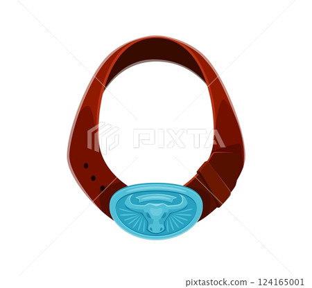 Letter O as a Western cowboy leather belt featuring blue buckle with bull head. Vector wild west font, typeface or type, sheriff English alphabet character as a cowpuncher or ranger vintage accessory 124165001