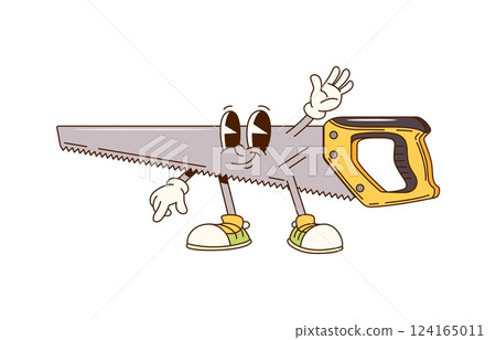 Cartoon groovy hand saw character or work tool for DIY construction, vector personage. Funky groovy handsaw with happy smile and funny face and Hi Hello gesture for carpentry or repair tool character 124165011