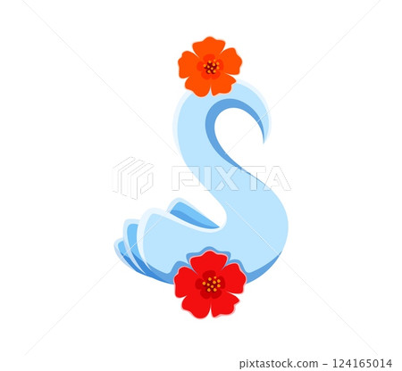 Summer font or vacations type of dollar sign typeface, cartoon vector. Dollar sign of hotel towel swan with flowers for summer travel, holiday vacations or sea beach resort font type 124165014