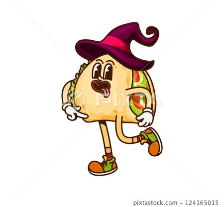 Groovy cartoon Mexican taco as Halloween wizard character in witch hat, vector funny Tex Mex food. Groovy taco wizard mage in sorcerer mantle with happy face and freaky tongue out smile for Halloween 124165015