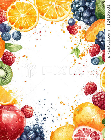 Fresh fruits and berries create a vibrant border for a bright background composition 124165031