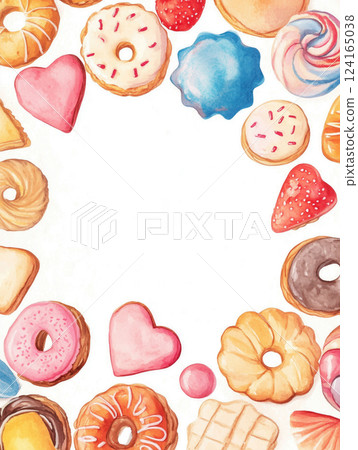 Colorful assortment of baked goods and desserts arranged in a creative circle design 124165038