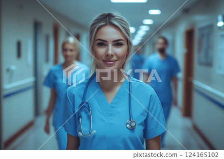 Young healthcare professionals walking through a hospital corridor during a busy shift Young healthcare professionals walking through a hospital corridor during a busy shift 124165102