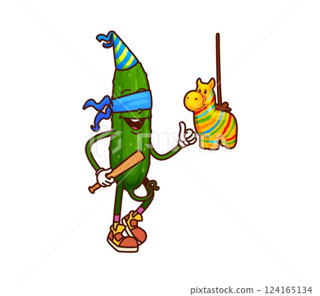 Groovy cartoon cucumber vegetable character on holiday party. Fresh veggie isolated groovy vector cute character. Cucumber vegetable blindfolded personage in cone hat hitting pinata on birthday party 124165134