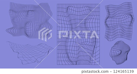 Vector design. Dynamic mesh patterns, wave-like distortions, and fluid deformations in deep blue on soft purple background, visualizing fluid motion. Science. 124165139