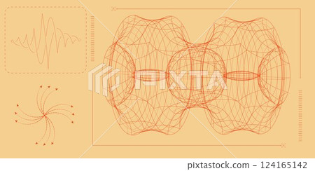 Large interconnected toroidal structures, oscillation waves, and field vectors in bright orange on warm background, symbolizing energy and balance. Science. 124165142