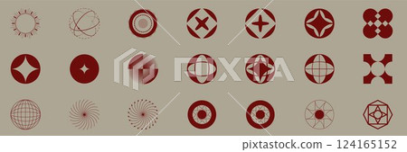 Collection of vector circular motifs, atomic representations, and abstract radial shapes in deep red on muted beige, merging scientific symbols and design elements. Collection of vector circular motifs, atomic representations, and abstract radial shapes in deep red on muted beige, merging scientific symbols and design elements. 124165152