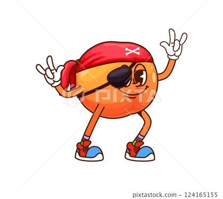 Cartoon groovy orange fruit pirate and corsair character with red bandana, eye patch and stylish retro hippie sneakers, striking playful and funky pose with both hands, exudes swashbuckling y2k vibe Cartoon groovy orange fruit pirate and corsair character with red bandana, eye patch and stylish retro hippie sneakers, striking playful and funky pose with both hands, exudes swashbuckling y2k vibe 124165155