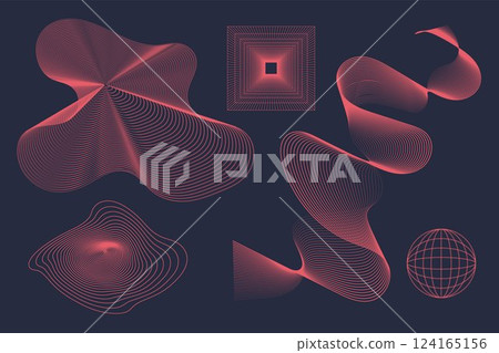 Vector design. Swirling curves, undulating surfaces, and structured grids in deep red tones on dark background, evoking fluidity and movement. Vector design. Swirling curves, undulating surfaces, and structured grids in deep red tones on dark background, evoking fluidity and movement. 124165156