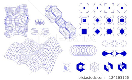 Vector design. Set of structured geometric patterns, including recursive grids, optical illusions, and abstract force fields, showcasing mathematical beauty. Vector design. Set of structured geometric patterns, including recursive grids, optical illusions, and abstract force fields, showcasing mathematical beauty. 124165166