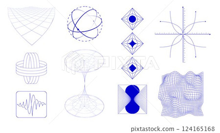 Vector design, physics model representation. Scientific visualization of energy fields, waveforms, and atomic structures presented in minimalist geometric style. 124165168