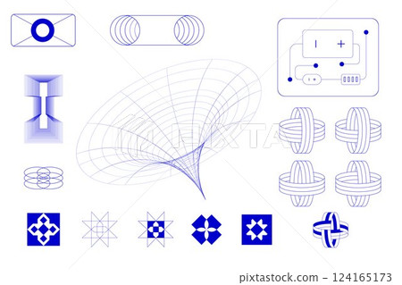 Futuristic wireframe models of abstract forms resembling wormholes and interconnected rings, illustrating concepts of space-time. Vector design, illustration. 124165173