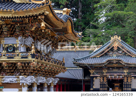 Ornate Yomeimon Gate and Shinyosha Hall at Toshogu Shrine in Nikko Japan Ornate Yomeimon Gate and Shinyosha Hall at Toshogu Shrine in Nikko Japan 124165339