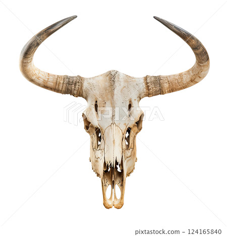 Bull skull with long horns isolated on a white background. cut-out, clipping path, transparent 124165840