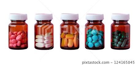 five bottles of dark glass with different color pills in every one, and white cup, cut-out, clipping path, transparent 124165845