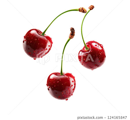 Flying fresh red cherries on white background. falling fresh cherries with stems and leaves, cherries boarder. Cherry juice product ad. cut-out, clipping path, transparent Flying fresh red cherries on white background. falling fresh cherries with stems and leaves, cherries boarder. Cherry juice product ad. cut-out, clipping path, transparent 124165847