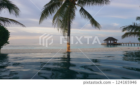 Infinity pool overlooking tropical white sand beach at sunset in maldives Infinity pool overlooking tropical white sand beach at sunset in maldives 124165946