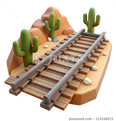 Railway road running through the wild west landscape with cacti 3d illustration isolated on the transparent background 124166015