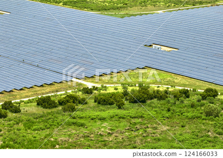 Aerial view of sustainable electrical power plant between agricultural farmlands with photovoltaic panels for producing clean electric energy. Concept of renewable electricity with zero emission Aerial view of sustainable electrical power plant between agricultural farmlands with photovoltaic panels for producing clean electric energy. Concept of renewable electricity with zero emission 124166033