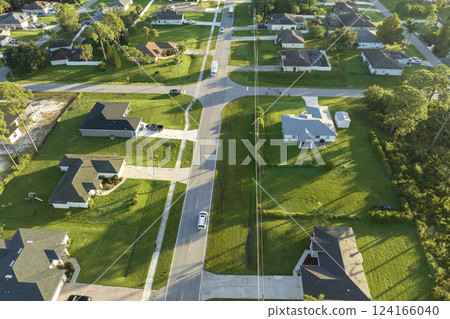 Aerial view of street traffic with driving cars in small town. American suburban landscape with private homes between green palm trees in Florida quiet residential area Aerial view of street traffic with driving cars in small town. American suburban landscape with private homes between green palm trees in Florida quiet residential area 124166040